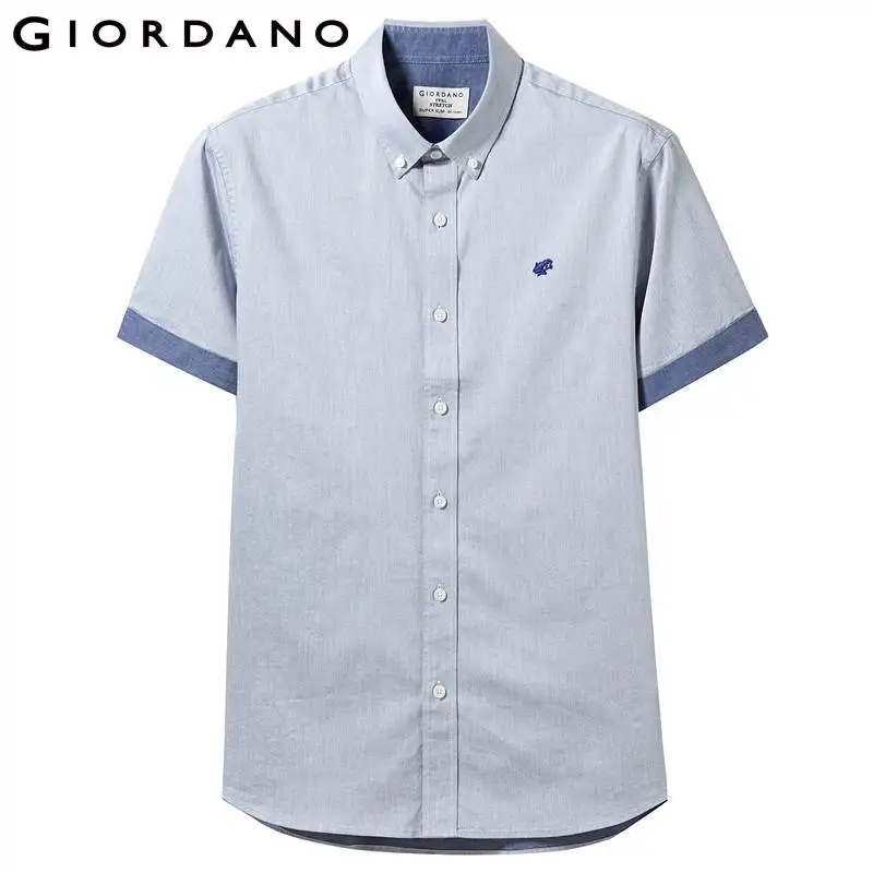 Giordano Оксфорд рубашка с короткими рукавами slim fit и вышивкой лягушки на груди