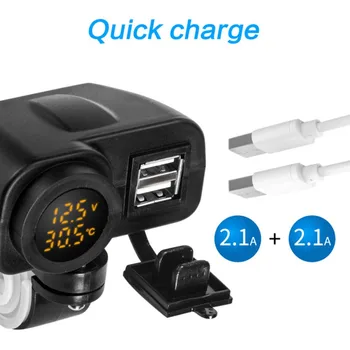 

Hot Motorcycle Dual USB Charger 5V/4.2A Dual USB Charger Socket Waterproof Motorcycle Handlebar Clamp Voltmeter Thermometer LED