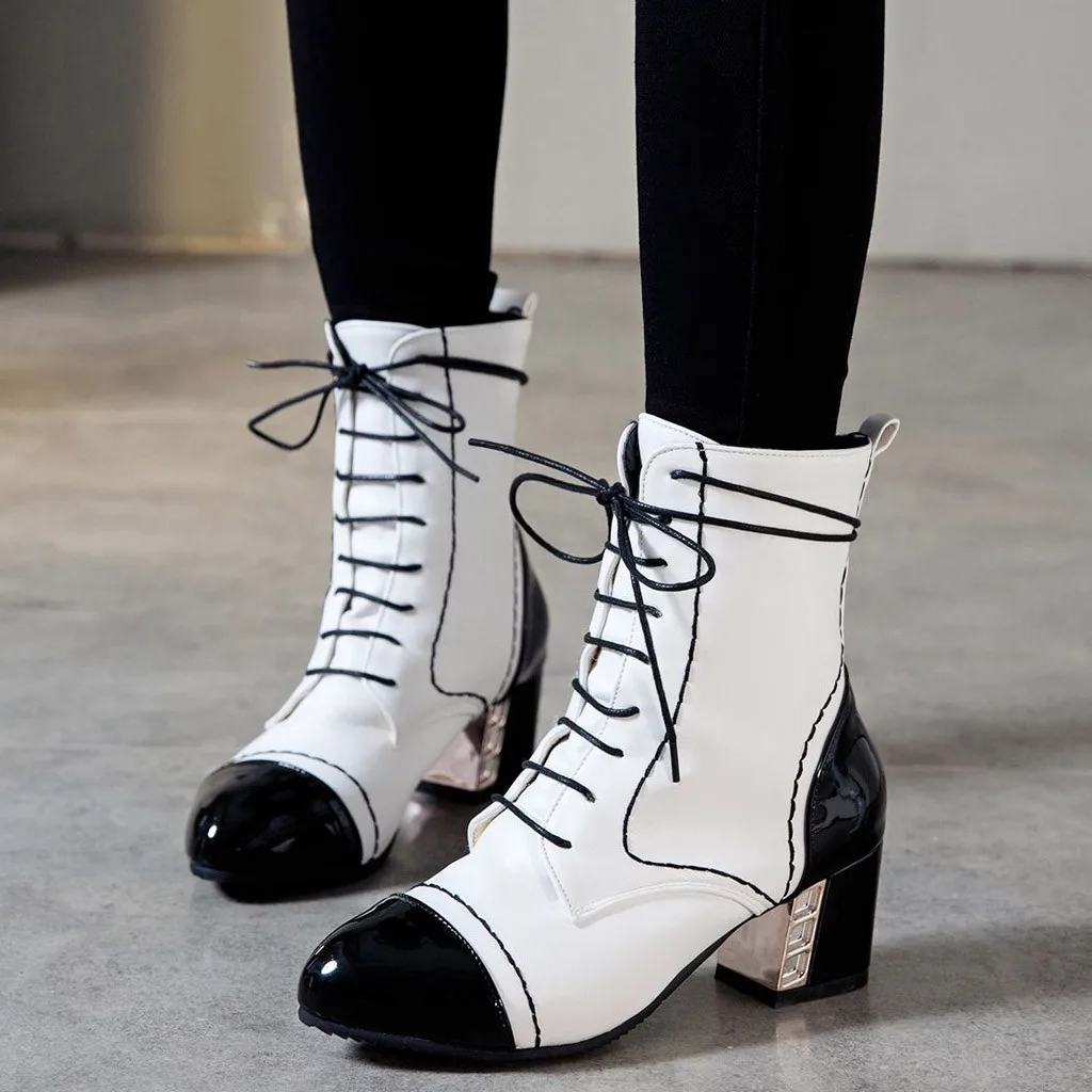 

Fashion Patchwork Leather Waterproof Snow Boots Women New 2020 black and white Square heel Ankle Boots woman shoes Chaussures