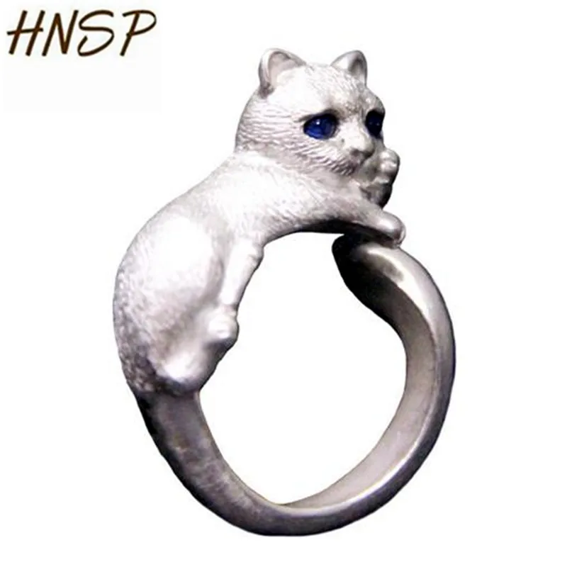 HNSP Super Cute Blue Eyes White Cat Dog Adjustable Finger Ring For Women Female Animal Style Jewelry Gift Wholesale | Украшения и