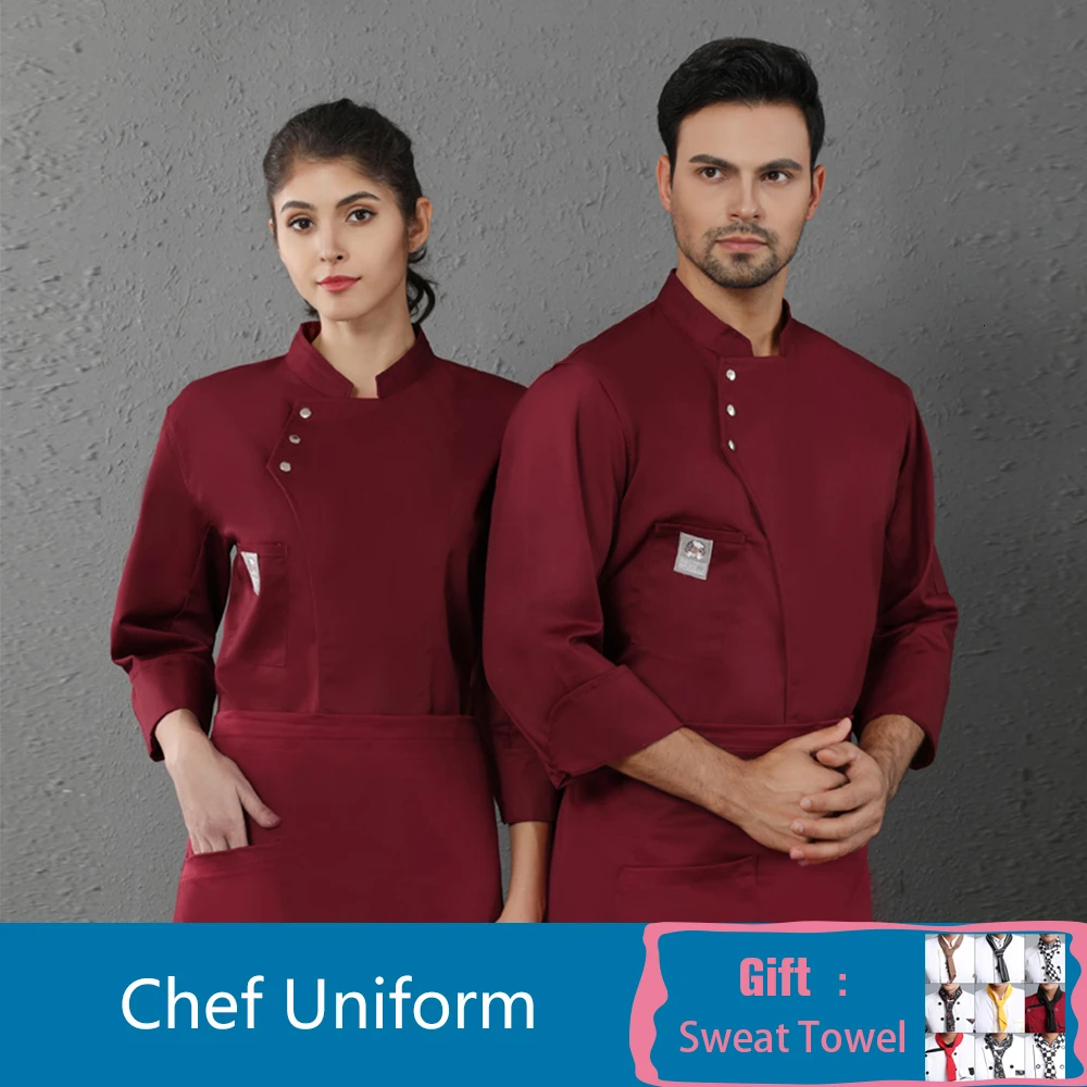 Униформа шеф-повара с тремя пряжками, с длинными рукавами, кухонная рубашка для ресторанов, пекарня, Парикмахерская, Спецодежда повара, пекарня, десерт, рабочая одежда - Цвет: Red
