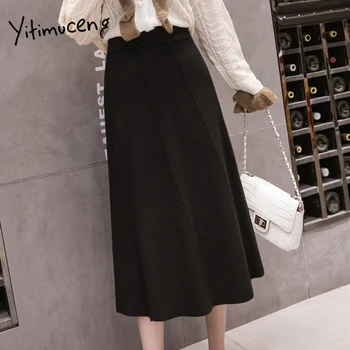 

yitimuceng new skirts women vintage thick casual solid elastic waist ribble knitted skirt A-line female solid elegant midi Skirt