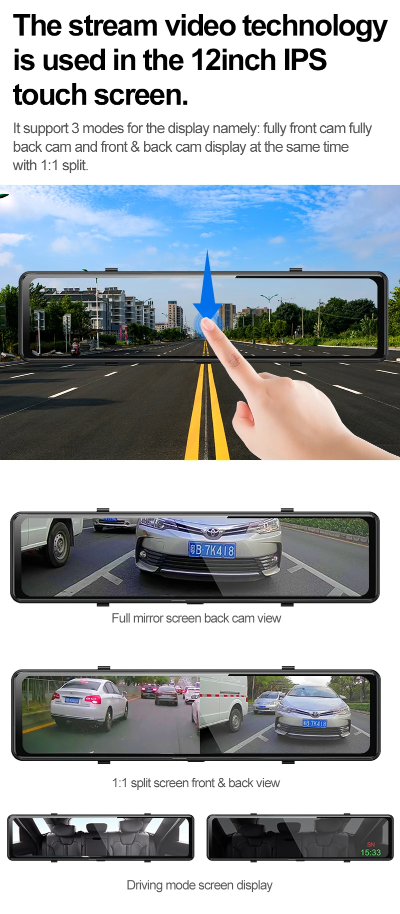 Car Video Surveillance 12 Inches HD 4K 2160P Dash Cam Dual Lens Car DVR Camera Video Recorder Auto Registrar RearView Mirror Rear View Camera 2K 1440P rear view mirror reverse camera