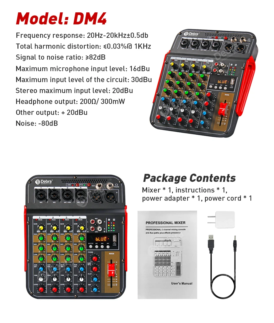 DM4 6 채널 오디오 믹서 DJ 콘솔, 48V 팬텀, 블루투스, USB to PC 녹음 재생, 라이브 노래방, 야외 파티용