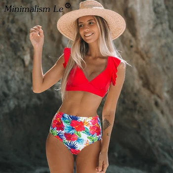 

Women Sexy Ruffle Bikini Set Floral Print Swimsuit Beach Wear High Wasit Backless Swimwear Solid Bathing Suit New Female Biquini