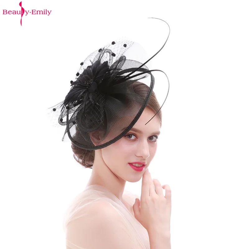 Beauty-Emily свадебные головные уборы с перьями, вечерние аксессуары для волос, венок, много цветов, Красивые Свадебные шляпы и вуалетки - Цвет: Black