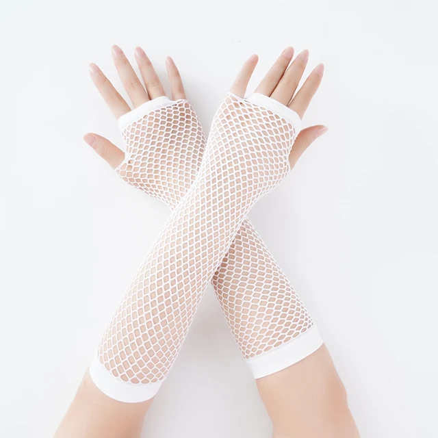 Stylish Long Black Fishnet Gloves Womens Fingerless Gloves Girls Dance Gothic Punk Rock Costume Fancy Gloves white