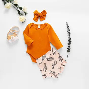 

Newborn Kids Baby Girls Outfits Clothes set Bodysuit Long Sleeve ruffles Short pants Set headbands 3pcs Baby 0-24M