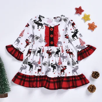 

Children Dresses Casual Girl Cartoon Fawn Christmas Tree Printing Dress