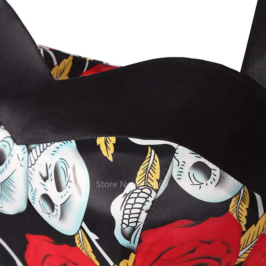 Halloween Sexy Scary Vampire Cosplay Cotume for Women Carnival Party Day of The Dead Horror Retro Skull Print Hanging Neck Dress