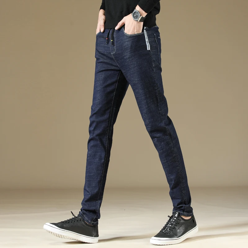 Tide Men Business Casual Slim Fit Elastic Jeans Fashion Printed Male Elastic Waist Drawstring Cotton Skinny Denim Trousers