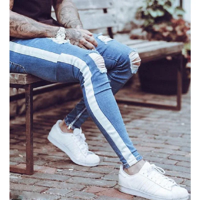 Male Pencil Slim Fit Jeans Men Streetwear Destroyed Ripped Holes Jeans for Man Fitted Bottoms Zipper Hip Hop Denim Pants Homme Male Pencil Slim Fit Jeans Men Streetwear Destroyed Ripped Holes Jeans for Man Fitted Bottoms Zipper Hip Hop Denim Pants Homme