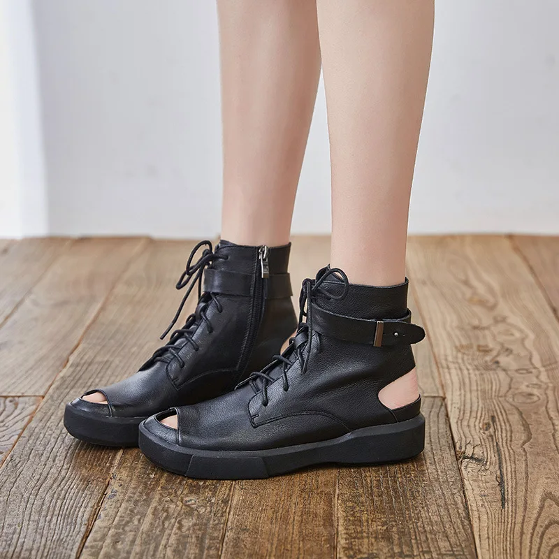 

Genuine Leather Fish Mouth Martin Boots Women's 2019 Hight-top Short Boots Peep-Toe Soft Leather Soft Bottom Rome WOMEN'S Shoes