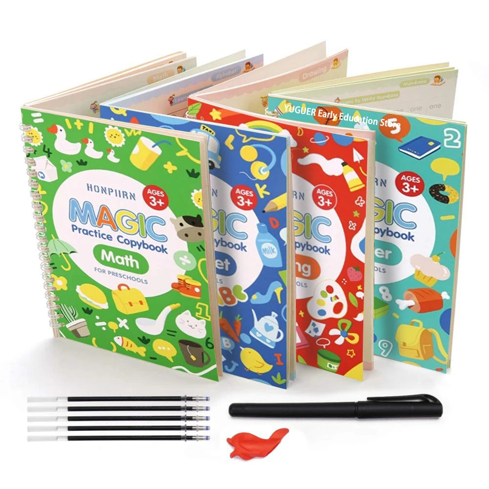 4 libros/juegos de cuaderno escolar para niños, caligrafía 3D, práctica de escritura a mano reutilizable, aprendizaje de escritura, papelería mágica en inglés