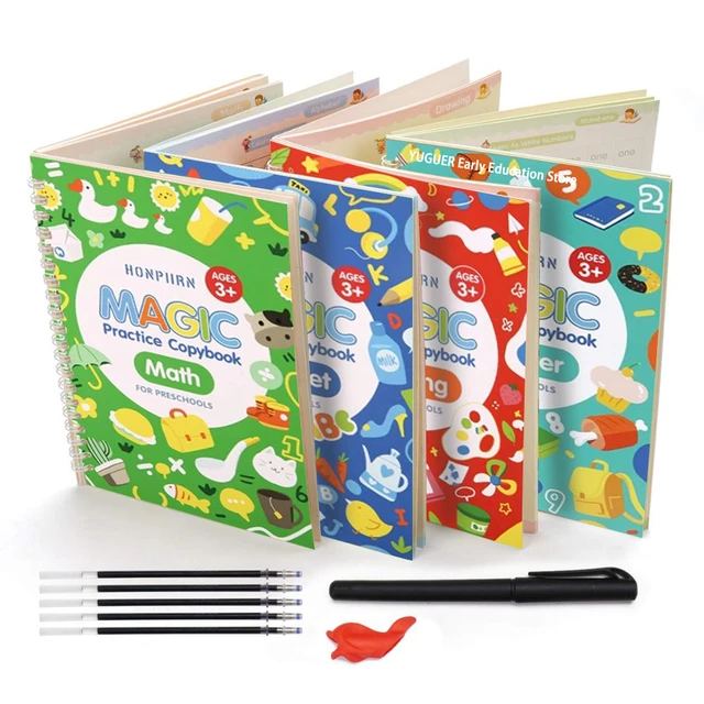 Cahier d'école réutilisable pour enfants, calligraphie 3D, pratique de l' écriture manuscrite, apprendre à écrire en anglais, papeterie magique, 4 ensembles  de nettoyage - AliExpress