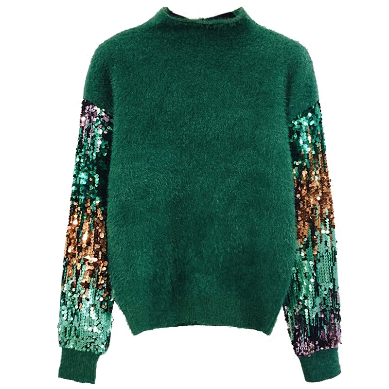 Зимний модный цветной свитер с блестками и длинным рукавом, Женский утолщенный шерстяной вязаный пуловер с высоким воротником