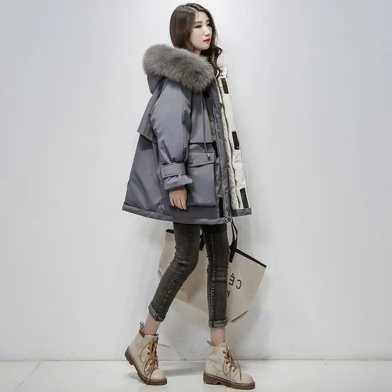 Серый Fitaylor Large Natural Fox Fur Hooded Winter Jacket Women 90% White Duck Down Thick Parkas Warm Sash Tie Up Snow Coat - Цвет: Серый
