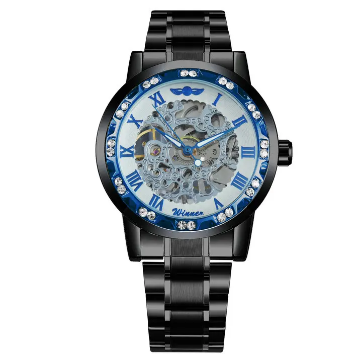 BLACK BLUE WHITE WINNER классические деловые механические часы для мужчин Скелет Iced Out мужские s часы лучший бренд класса люкс синий циферблат металлический ремешок наручные часы - Цвет: BLACK BLUE WHITE