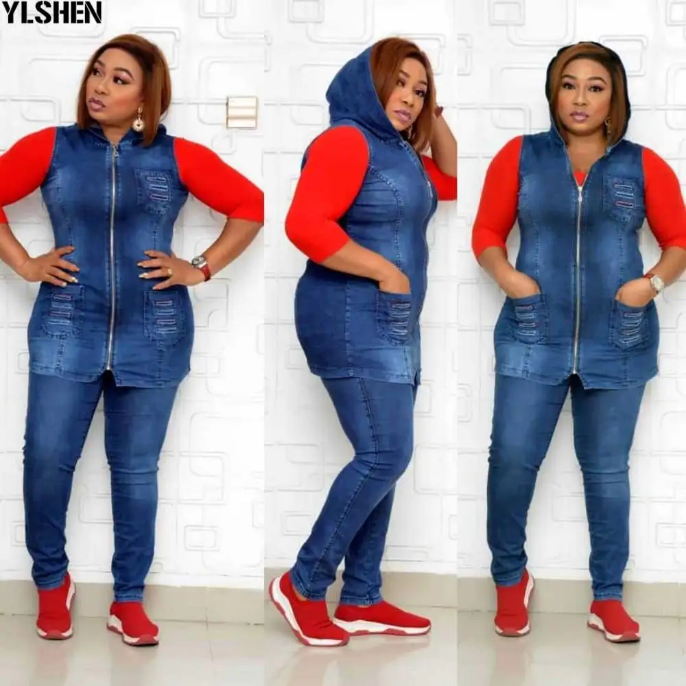 

African Dresses for Women Dashiki Plus Size Denim Zipper Vest+ Pants Two Piece Set African Clothes Ladies Autumn 2 Piece Outfits
