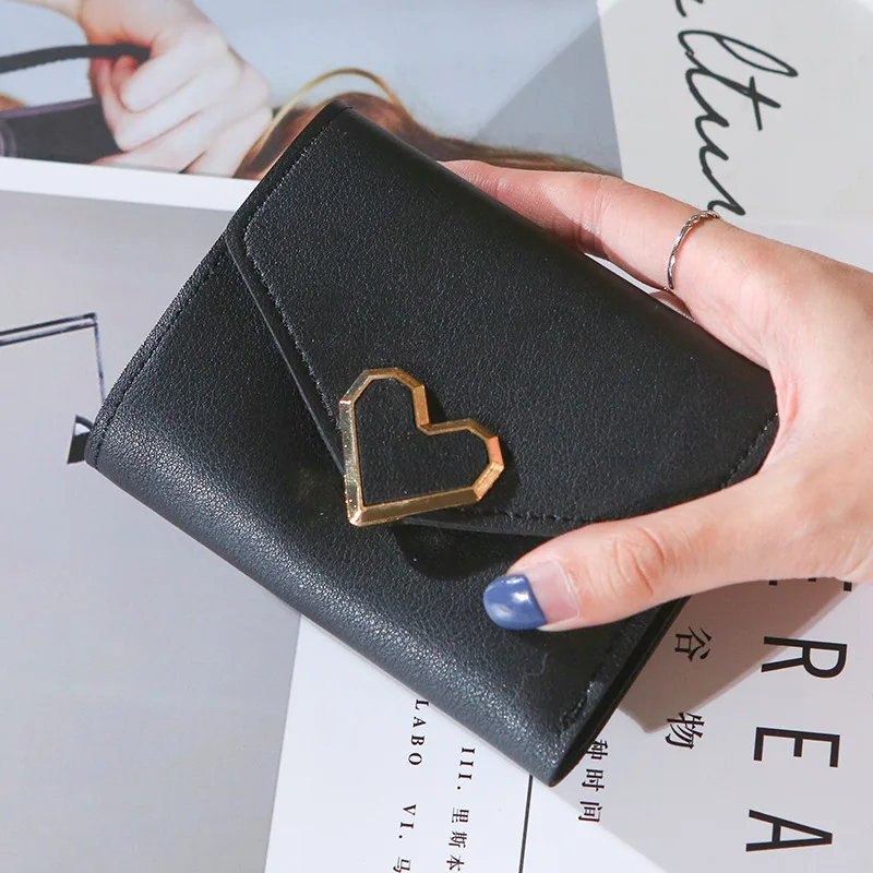 New Retro Small Fresh Metal Heart-shaped Short Wallet Ladies Student Wallet Cute Wallet  Designer Wallets for Women Girls 