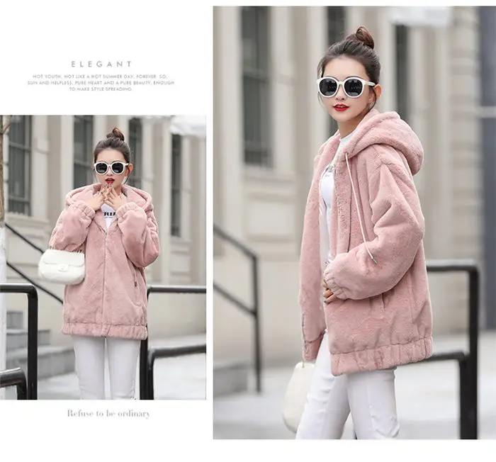 Faux Rex Rabbit Fur Coat Female Winter New Long Sleeve Korean Loose Plush Thick Hoodies Sweatshirt Jacket For Women f2084