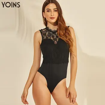 

YOINS Sexy Backless Round Neck Lace Bodysuit 2020 Women Fashion Sleeveless Playsuits Jumpsuits Party Club Wear Body Mujer Femme