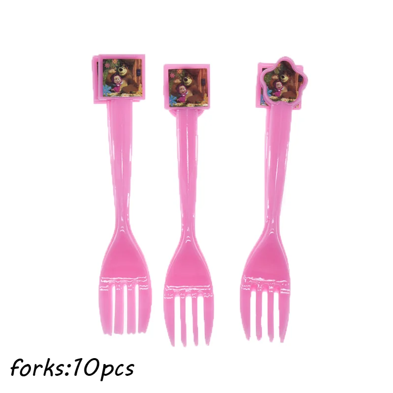 Forks 10pcs Мультфильм Маша и Медведь День рождения украшения Дети Девочка одноразовые столовые приборы набор салфеток чашка тарелка Подарочная сумка вечерние принадлежности - Цвет: Forks 10pcs