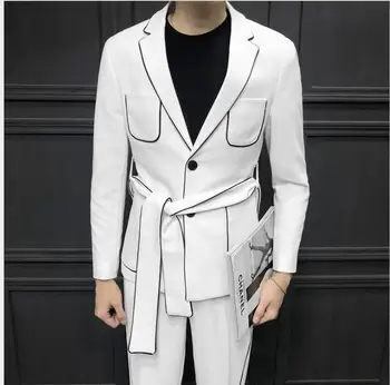 

Korean version of the slim men's suit personality belt dress suit two-piece sets stage catwalk fashion men's suit