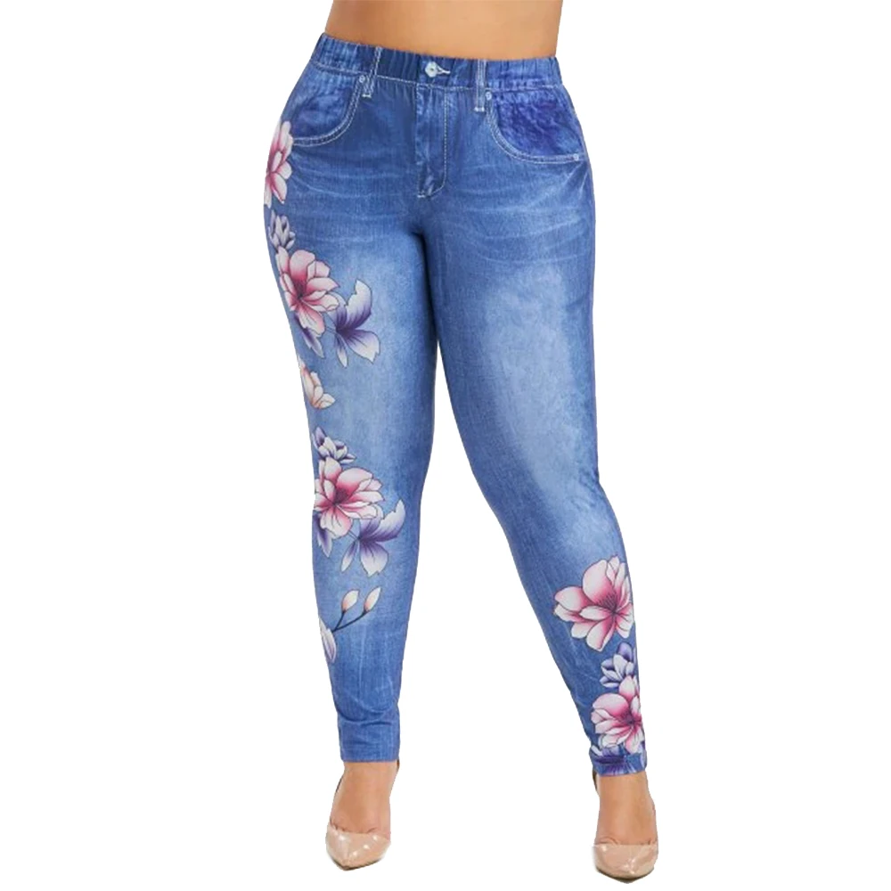 6XL размера плюс, женские длинные штаны с цветочным принтом, имитация джинсовой ткани, дамские колготки на молнии, женские штаны, spodnie damskie, уличная одежда D30 - Цвет: Синий