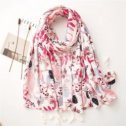 New lady Fashion Pink Luxry Floral Tassel Viscose Shawl Lady High Quality Print Wrap Pashmina Stole Bufandas Muslim Hijab Snood