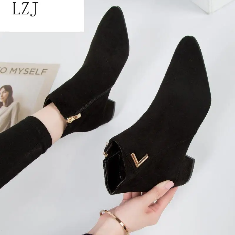 Fashion Women Boots Casual Leather Low High Heels Spring Shoes Woman Pointed Toe Rubber Ankle Black Red Zapatos Mujer | Обувь