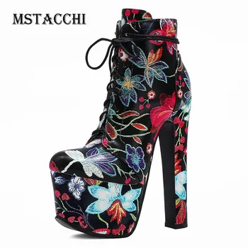 

MStacchi Embroider Stiletto Thick Bottom Woman Boots Cross-tied Platform Ankle Boots For Women Sexy Ladies Flower High Heels