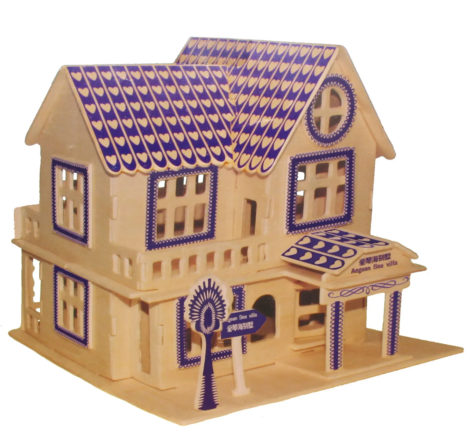 

Aegean Sea Villa Spring Festival Hot Sales 3D Educational Puzzle Wooden DIY Hut Assembled Architecture Model Toy