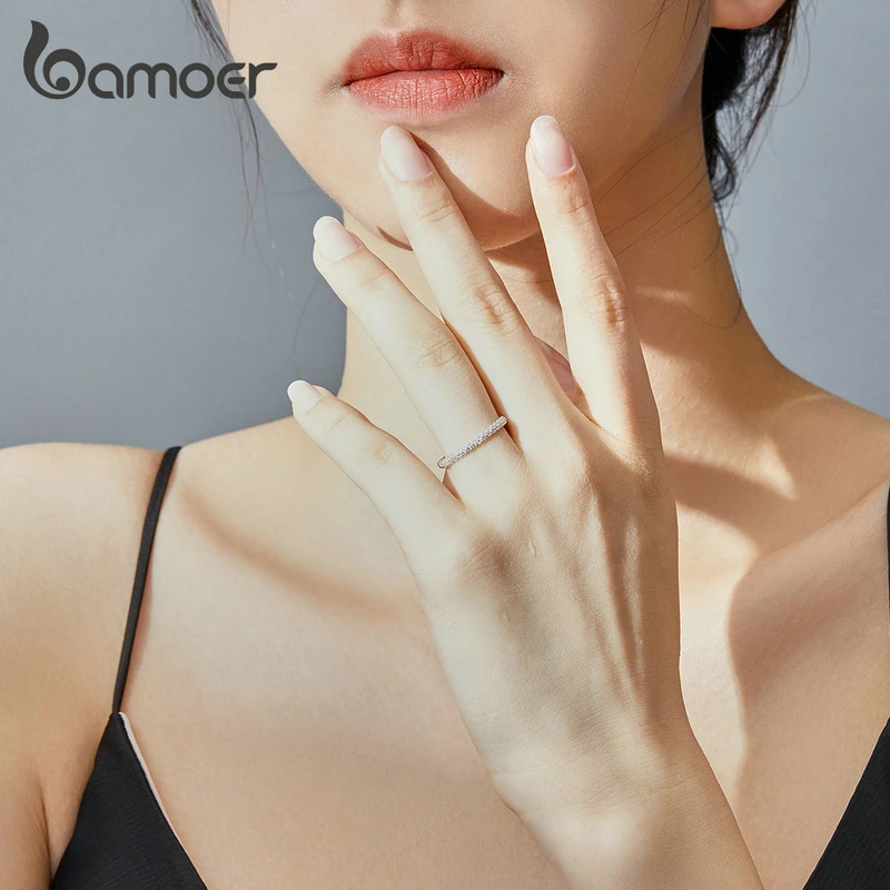 Bamoer GXR624 Настоящее 925 пробы Серебряное кольцо, циркониевое кольцо для женщин, блестящее ювелирное изделие, простой и стильный OL Повседневный стиль