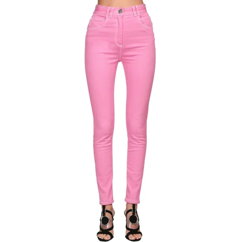 HIGH QUALITY Newest 2020 Designer Jeans Women's Top Stitching Contrast Pink Denim Jeans Pants HIGH QUALITY Newest 2020 Designer Jeans Women's Top Stitching Contrast Pink Denim Jeans Pants