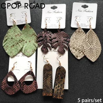 

Cpop 5 Pairs/set Fashion Glitter Genuine Leather Earrings Sets for Women Geometric Leaf Earring Fashion Jewelry Gift Wholesale
