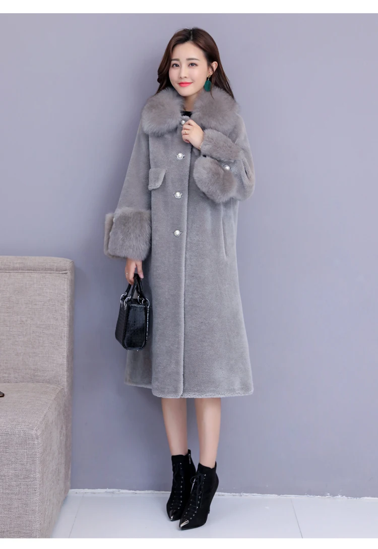 Women winter faux fox fur collar warm artificial sheep fur cashmere fabric medium long coat casacos abrigos plus size MLXLXXL4XL