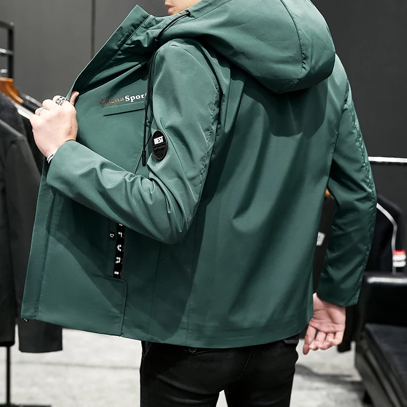 Promotion Green Black Beige Jacket Men Casual Hooded Coat Letter Print Armband 2020 New Fashion Clothing Zipper Windbreaker Jackets Male
