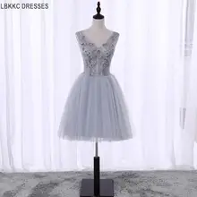 Appliques Homecoming Dress Gray V Neck Knee Length Dress Women Beaded Cocktail Short Homecoming Ball Gown Graduation Dresses