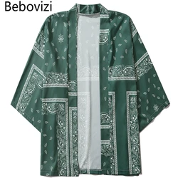 Bebovizi Green Cashew Flowers Print Kimono Men Women Japanese Style Traditional Cardigan Yukata Streetwear Haori Clothes