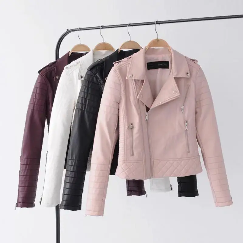 

Leather Jacket Women Pu Faux Leather Jackets Litchi Pattern Lady Sashes Pockets Black Zippers Motorcycle Biker Coats