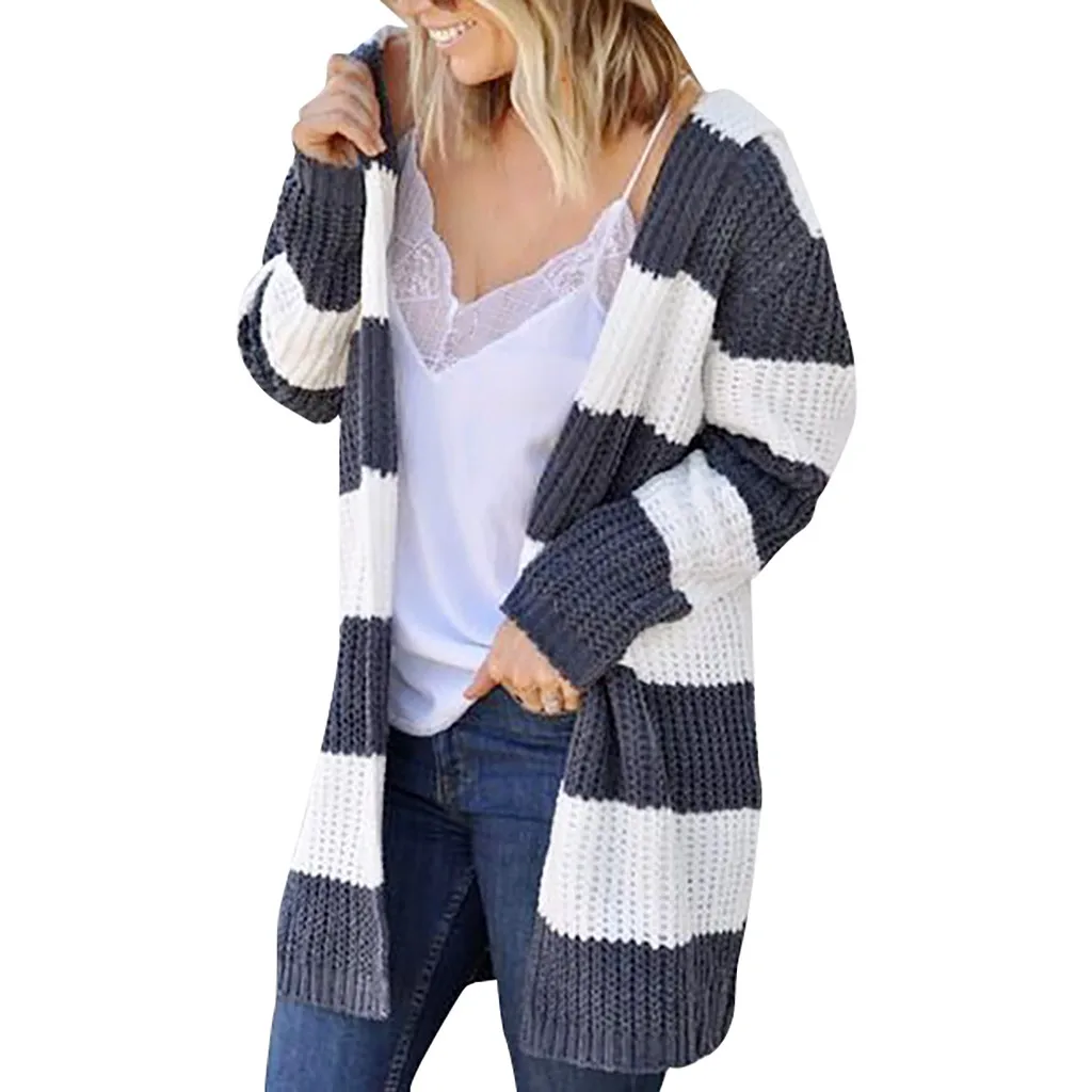 

JAYCOSIN Spring Autumn Women Open Cardigan long Sleeve Sunscreen Clothing Stripe Long Knitted Sweater Cardigan Casual Coat 9815