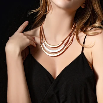 Amorcome Hot Sale Europe Design Geometric Metal Bar Multilayer Genuine Leather Choker Necklace Boho Short Collier Femme Gift