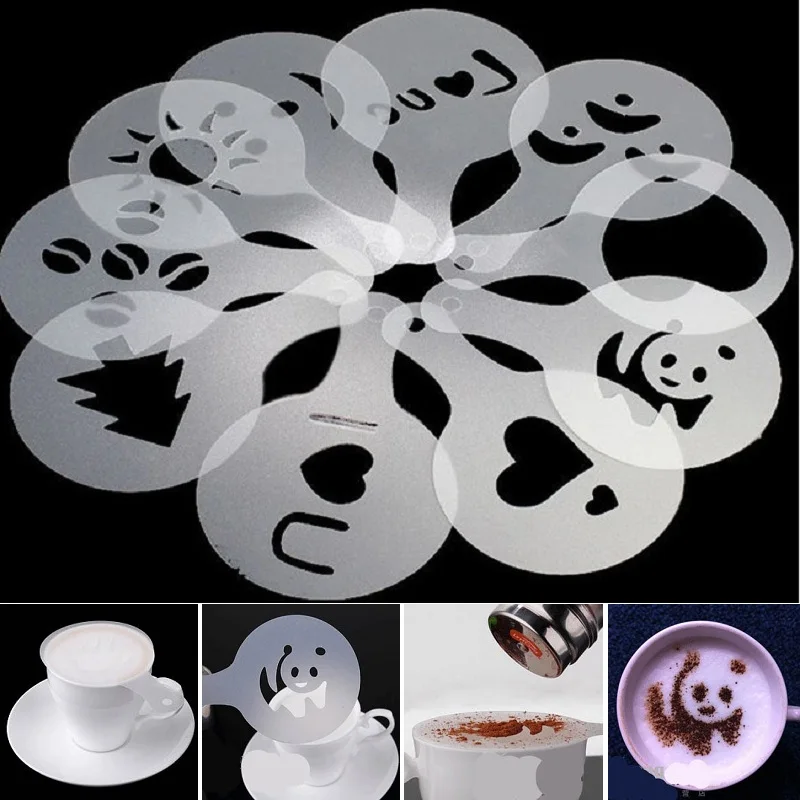 HIFUAR 16Pcs Coffee Latte Cappuccino Barista Stencils Cake Duster Templates Coffee Tools Flowers Pad Duster Spray Coffee Decor