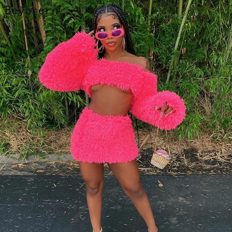 Beyprern New Chic Pink Fur Tracksuit Set Cute Pink Fuzzy Suits Women Sexy Off Shoulder Furry Crop Top And Skirt Set Rave OUtfits Beyprern New Chic Pink Fur Tracksuit Set Cute Pink Fuzzy Suits Women Sexy Off Shoulder Furry Crop Top And Skirt Set Rave OUtfits