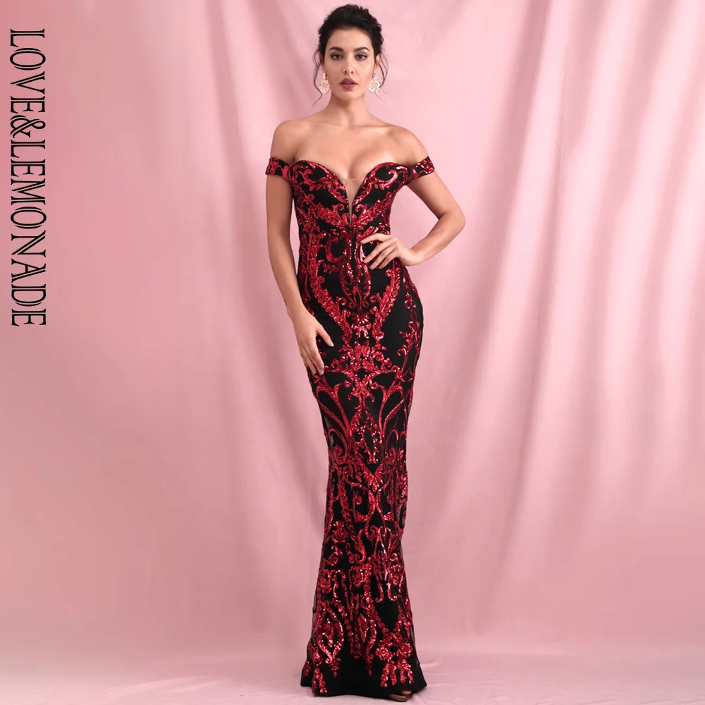 

LOVE&LEMONADE Sexy Tube Top Red Geometric Sequins Short Sleeve Slim Fishtail Style Party Maxi Dress LM82059