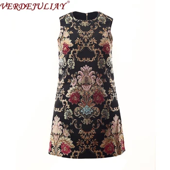 

VERDEJULIAY Luxury Designer Mini Dress Summer Spring Women's Sleeveless Flower Embroidery Beading Crystal Black A-Line Dress