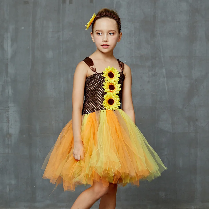 Fairy Sunflower Tutu Dress with Crochet Headband Flower Girl Birthday Party Pageant Costume Kids Autumn Princess Dresses (2)