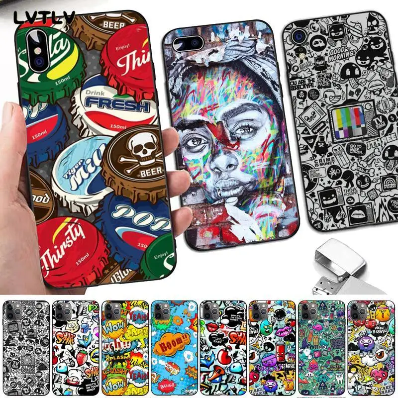 Черный чехол для телефона с аниме Граффити стикер бомба iPhone 13 8 7 6 6S Plus X 5S SE 2020 XR 11 12