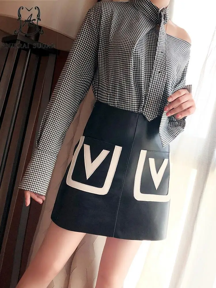 Autumn real Genuine leather skirts women sexy high waist V splicing Big pocket sheepskin real leather female short A- line skirt